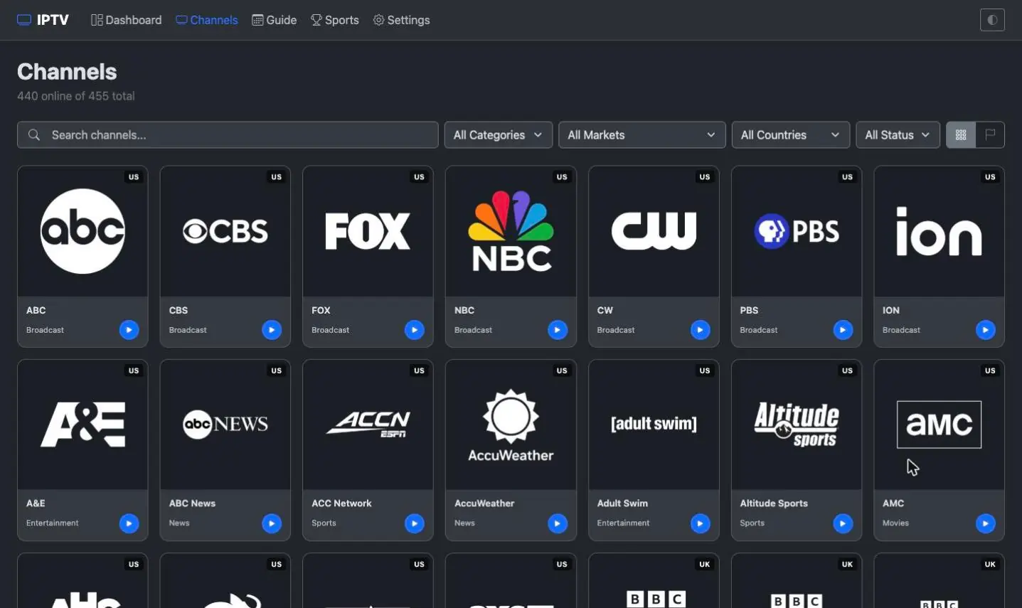 Rebel IPTV channel list showing a grid of channels with their broadcast logos and category labels