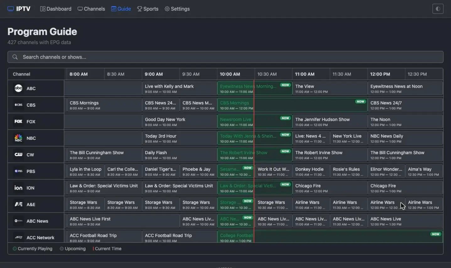 Rebel IPTV programme guide showing a timeline of what is on each channel
