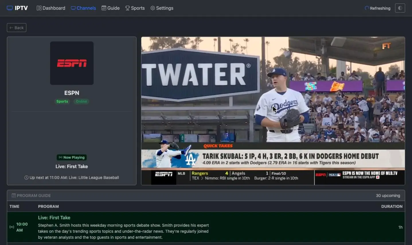 A live channel playing inside the Rebel IPTV browser player